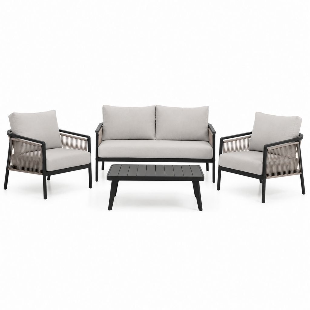 Set divani da giardino 4 pezzi grigio in alluminio e poliestere con tavolino rettangolare divano 2 posti 142 x 75 x 78 cm