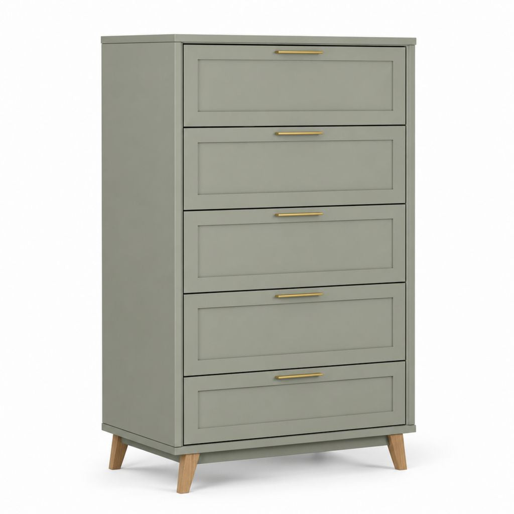 Cassettiera alta a 5 cassetti verde salvia in MDF con gambe in legno massello 80 x 40 x 120 cm