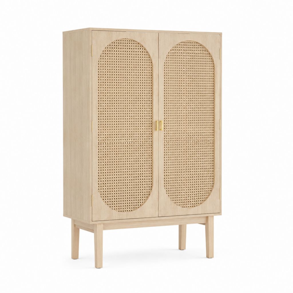 Armadio a 2 ante in MDF impiallacciato rovere con rattan naturale 90 x 45 x 180 cm