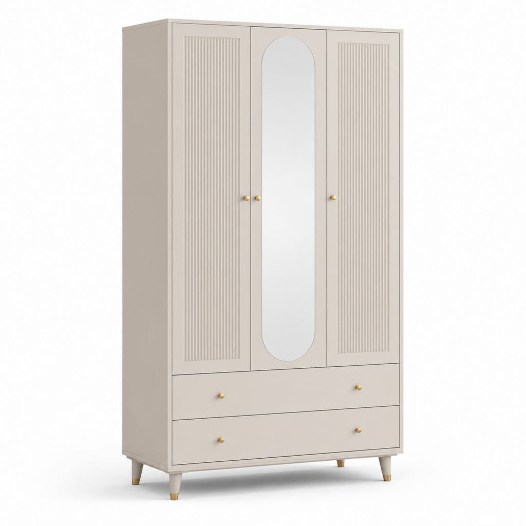 Armadio guardaroba 3 ante con specchio beige in pannello truciolare rettangolare 120 x 55 x 200 cm