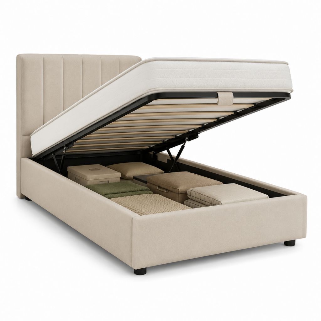 Letto contenitore matrimoniale beige in poliestere rettangolare 160 x 200 cm