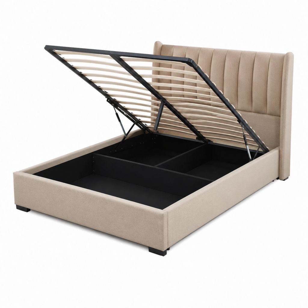 Letto contenitore matrimoniale beige in poliestere rettangolare 160 x 200 cm