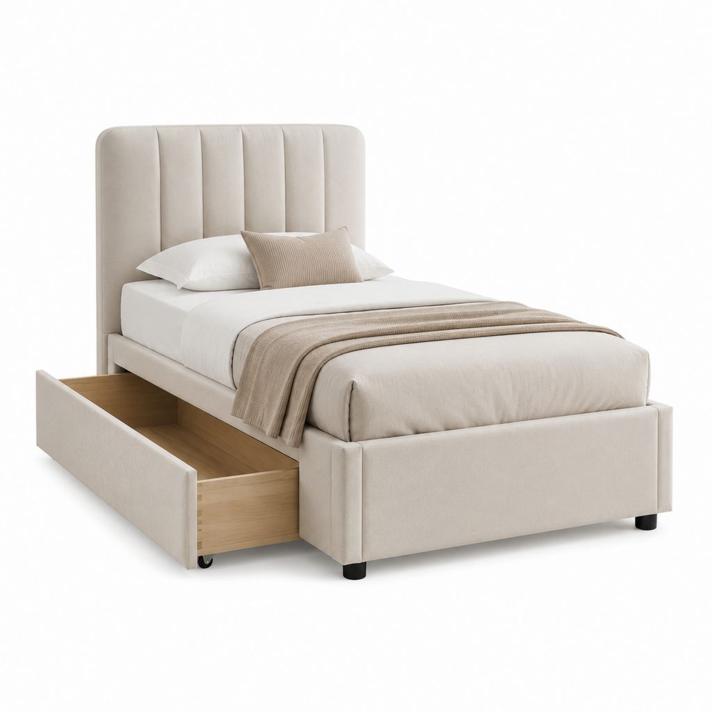 Letto contenitore singolo beige in poliestere con testiera imbottita 105 x 215 x 120 cm