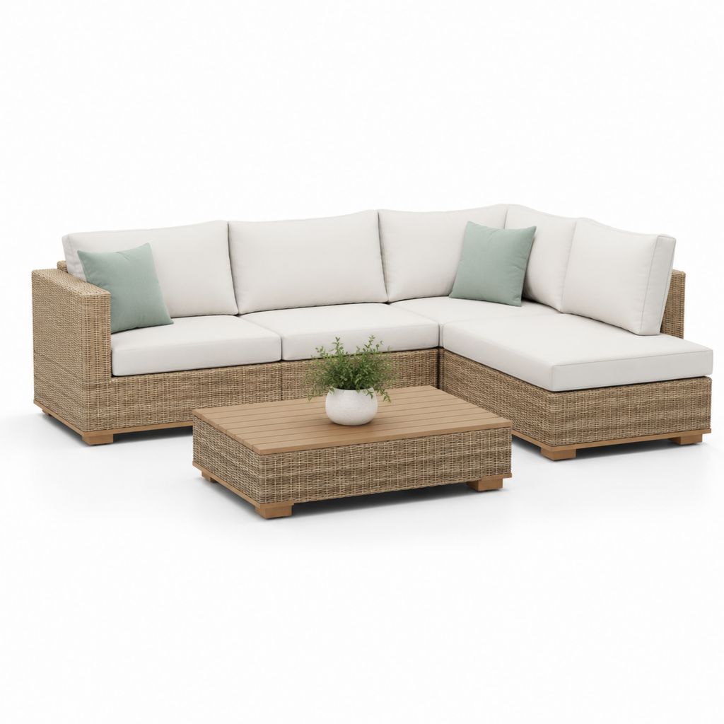Set salotto da giardino angolare 3 pezzi beige in rattan PE e alluminio con tavolino 250 x 180 x 75 cm