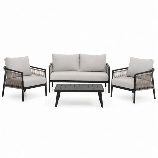 Set divani da giardino 4 pezzi grigio in alluminio e poliestere con tavolino rettangolare divano 2 posti 142 x 75 x 78 cm