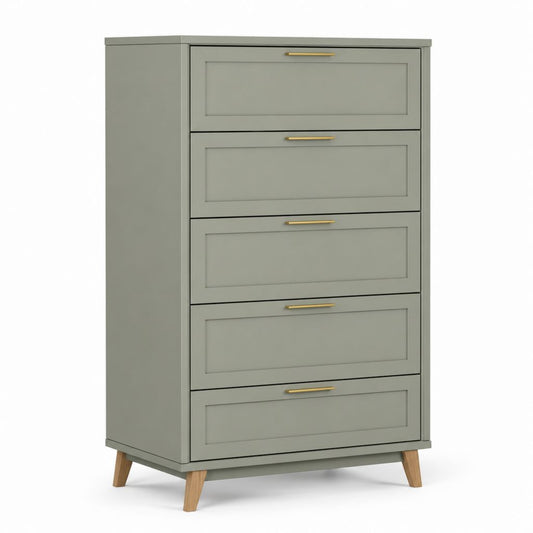 Cassettiera alta a 5 cassetti verde salvia in MDF con gambe in legno massello 80 x 40 x 120 cm