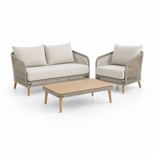 Salotto da giardino 4 pezzi beige in corda di polietilene con tavolino rettangolare in legno di acacia