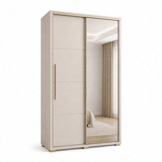 Armadio guardaroba a 2 ante scorrevoli beige in pannello MDF con specchio 100 x 60 x 200 cm