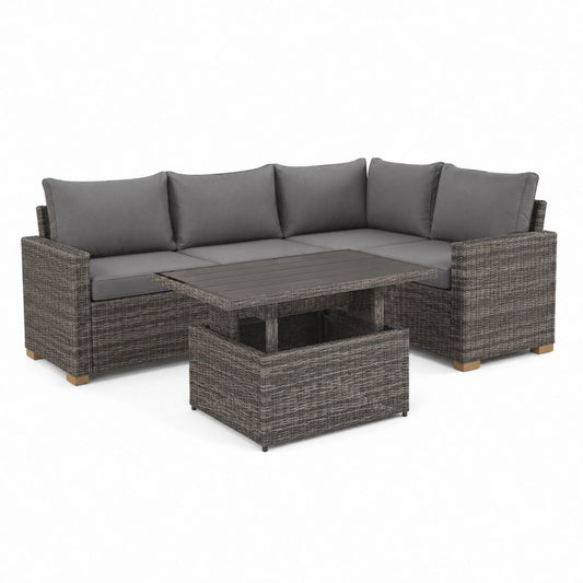 Set salotto da giardino angolare 4 pezzi grigio in rattan PE con cuscini e tavolino 186 x 186 x 65 cm