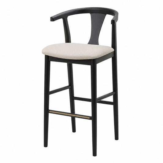 Sgabello da bar con schienale nero e beige in legno massello e poliestere 54 x 54 x 102 cm