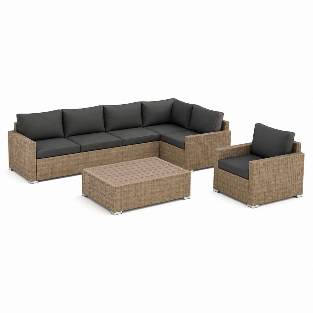 Set salotto da giardino 3 pezzi beige e antracite in polyrattan con divano angolare tavolino e poltrona 247 x 195 cm