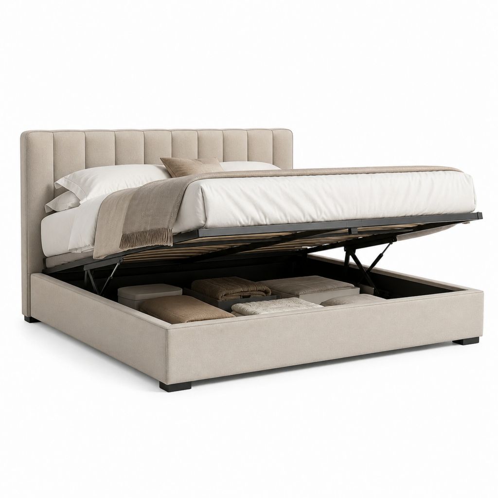 Letto contenitore matrimoniale beige in poliestere rettangolare 160 x 200 cm