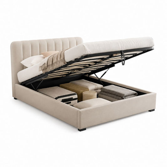 Letto contenitore matrimoniale beige in poliestere con testiera imbottita 160 x 200 cm