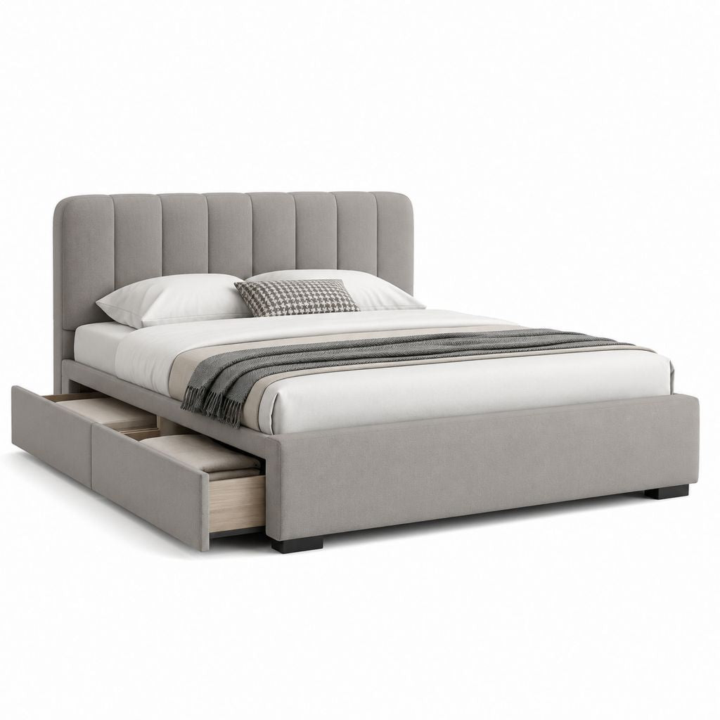Letto contenitore matrimoniale grigio in poliestere con testiera imbottita 160 x 200 cm
