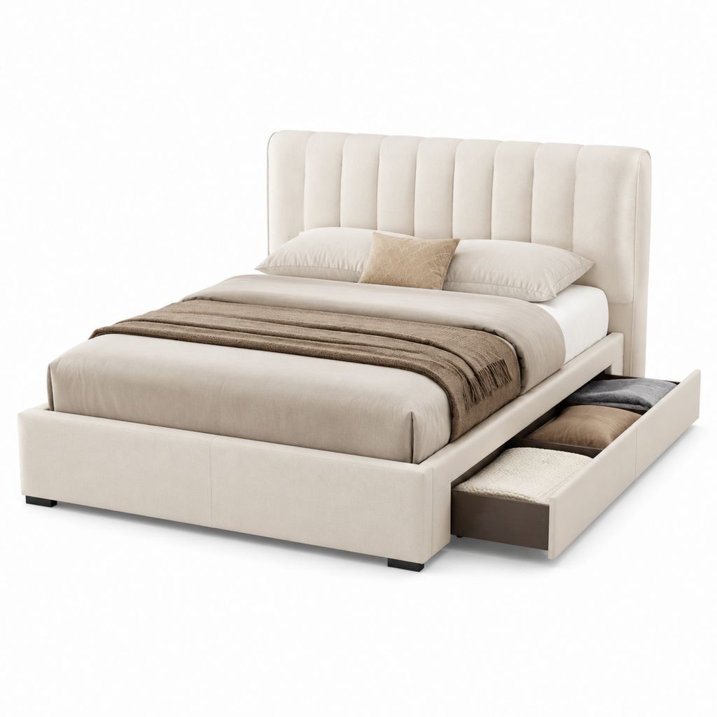 Letto contenitore matrimoniale beige in poliestere con cassetti 160 x 200 cm