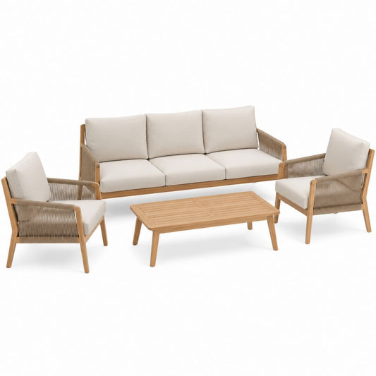 Set salotto da giardino 4 pezzi beige in legno massello di acacia con corda e cuscini divano 3 posti 200 x 78 x 78 cm