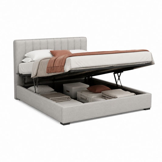 Letto contenitore matrimoniale grigio chiaro in poliestere con testiera imbottita 160 x 200 cm