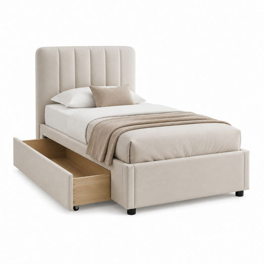 Letto contenitore singolo beige in poliestere con testiera imbottita 105 x 215 x 120 cm