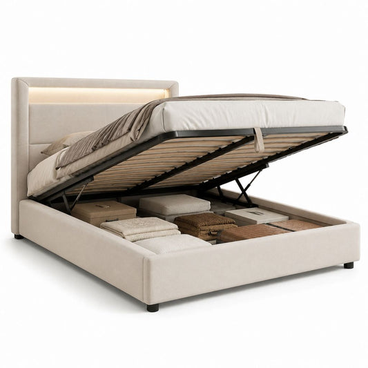 Letto contenitore matrimoniale beige in poliestere rettangolare 160 x 200 cm