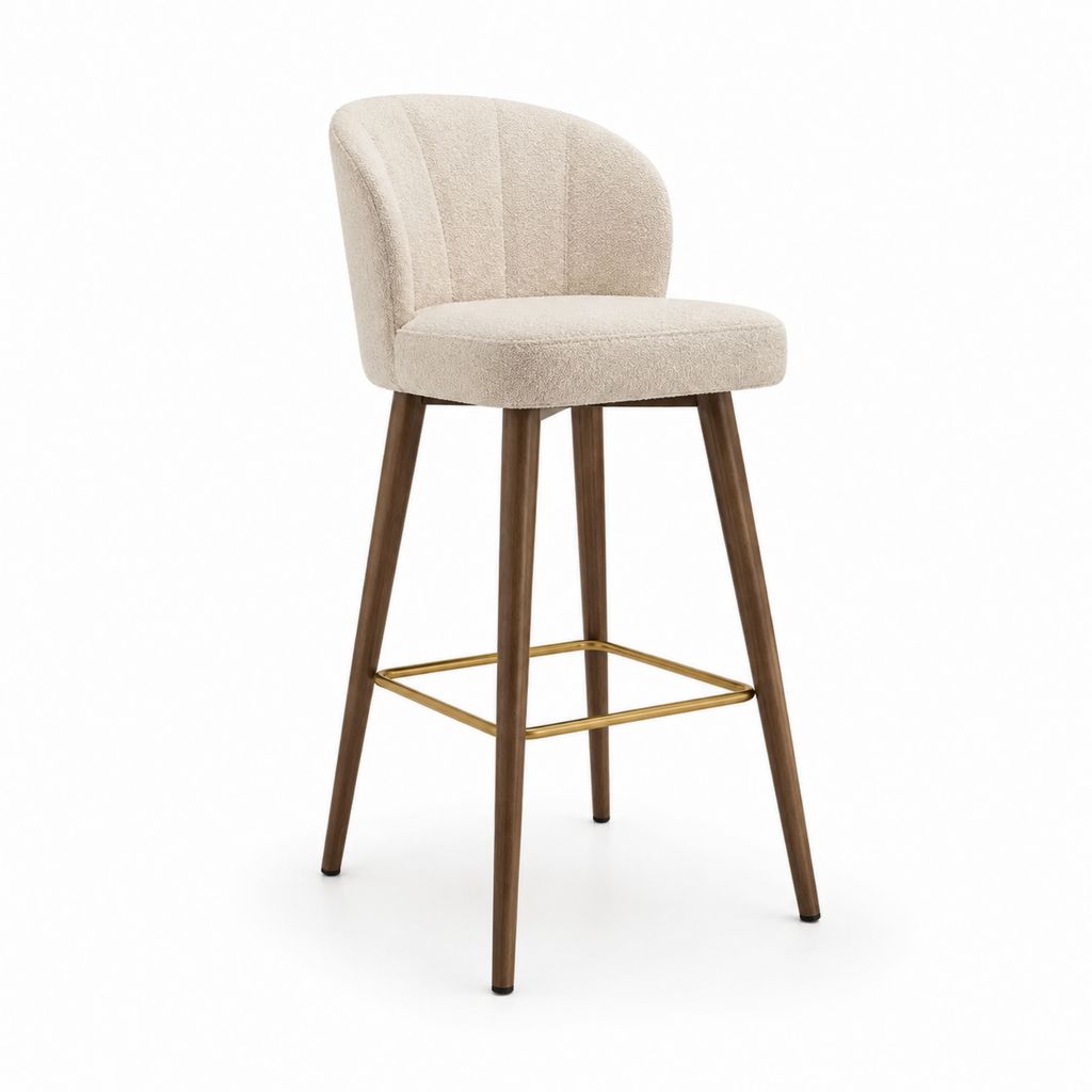Sgabello da bar con schienale beige in poliestere e gambe in legno massello 50 x 54 x 101 cm