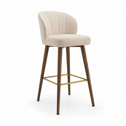 Sgabello da bar con schienale beige in poliestere e gambe in legno massello 50 x 54 x 101 cm