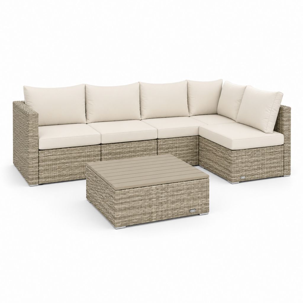 Set divano da giardino angolare 5 pezzi beige in rattan PE con tavolino 280 x 210 x 65 cm