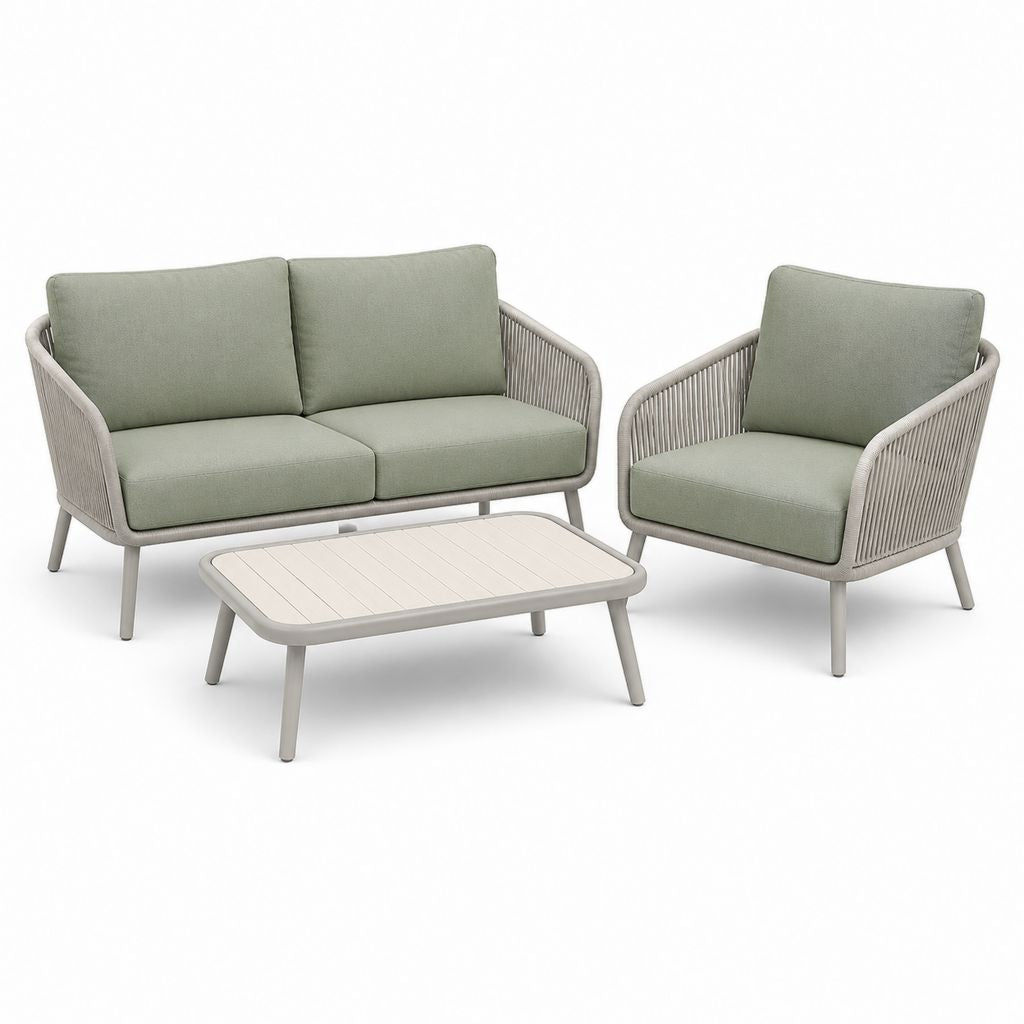 Set salotto da giardino 3 pezzi verde salvia e grigio chiaro in alluminio con corda PE divano 2 posti poltrona e tavolino 100 x 55 cm