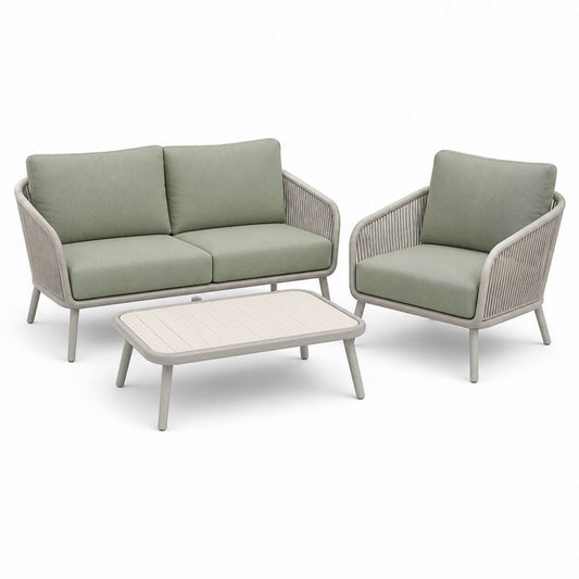 Set salotto da giardino 3 pezzi verde salvia e grigio chiaro in alluminio con corda PE divano 2 posti poltrona e tavolino 100 x 55 cm