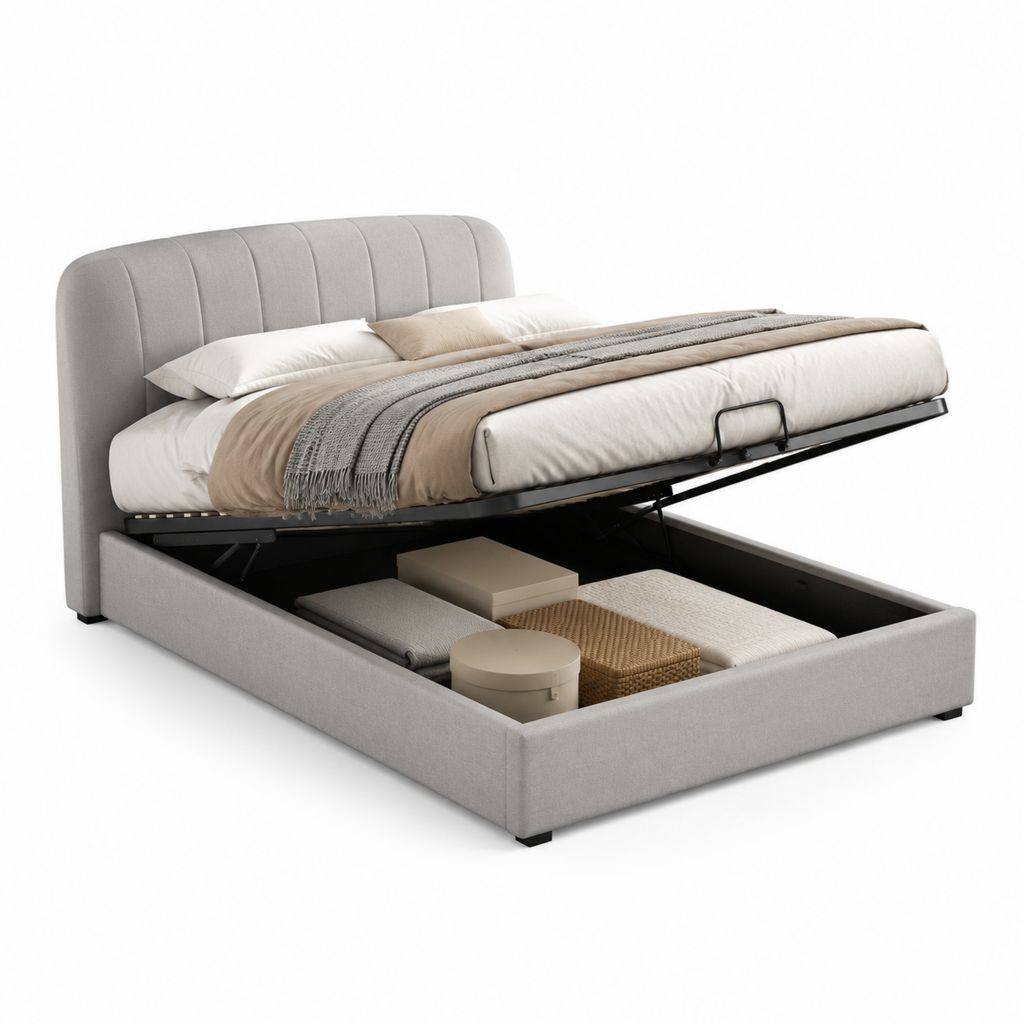 Letto contenitore matrimoniale grigio chiaro in poliestere 160 x 200 cm con testiera imbottita