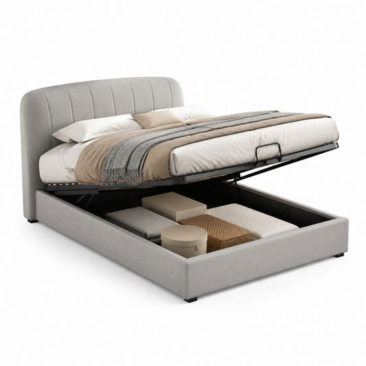 Letto contenitore matrimoniale grigio chiaro in poliestere 160 x 200 cm con testiera imbottita